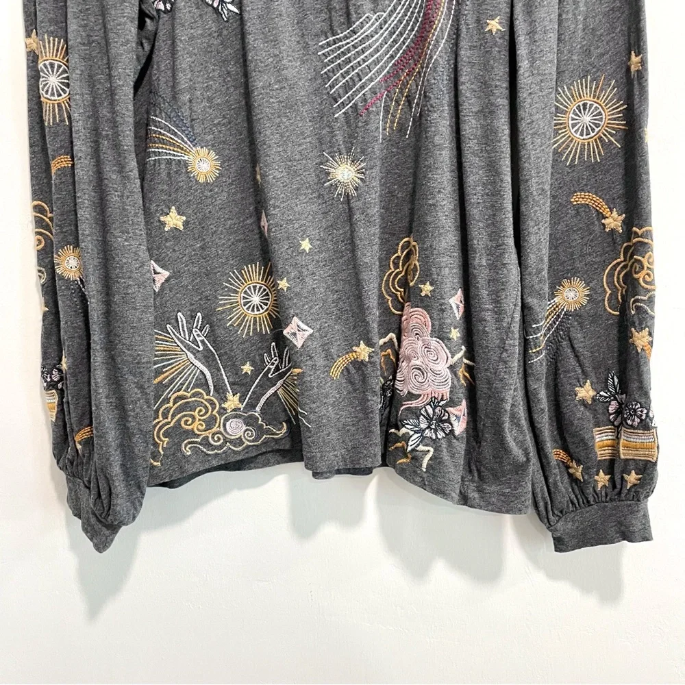 Johnny Was Selah Cuffed Puff Long Sleeve Embroidered Floral Celestial Bird Top